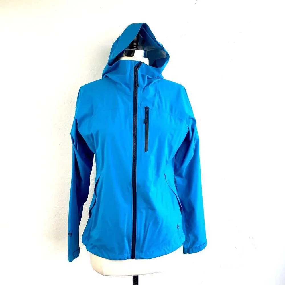 Mountain Hard Wear Rain Jacket Woman XS Aqua Blue Hood Zip Nylon Pockets Outdoor